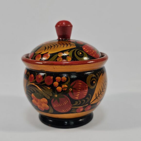 Russian Khokhloma Hand Painted Wooden Small Bowl with Lid, Black & Red Folk Art - Picture 3 of 9